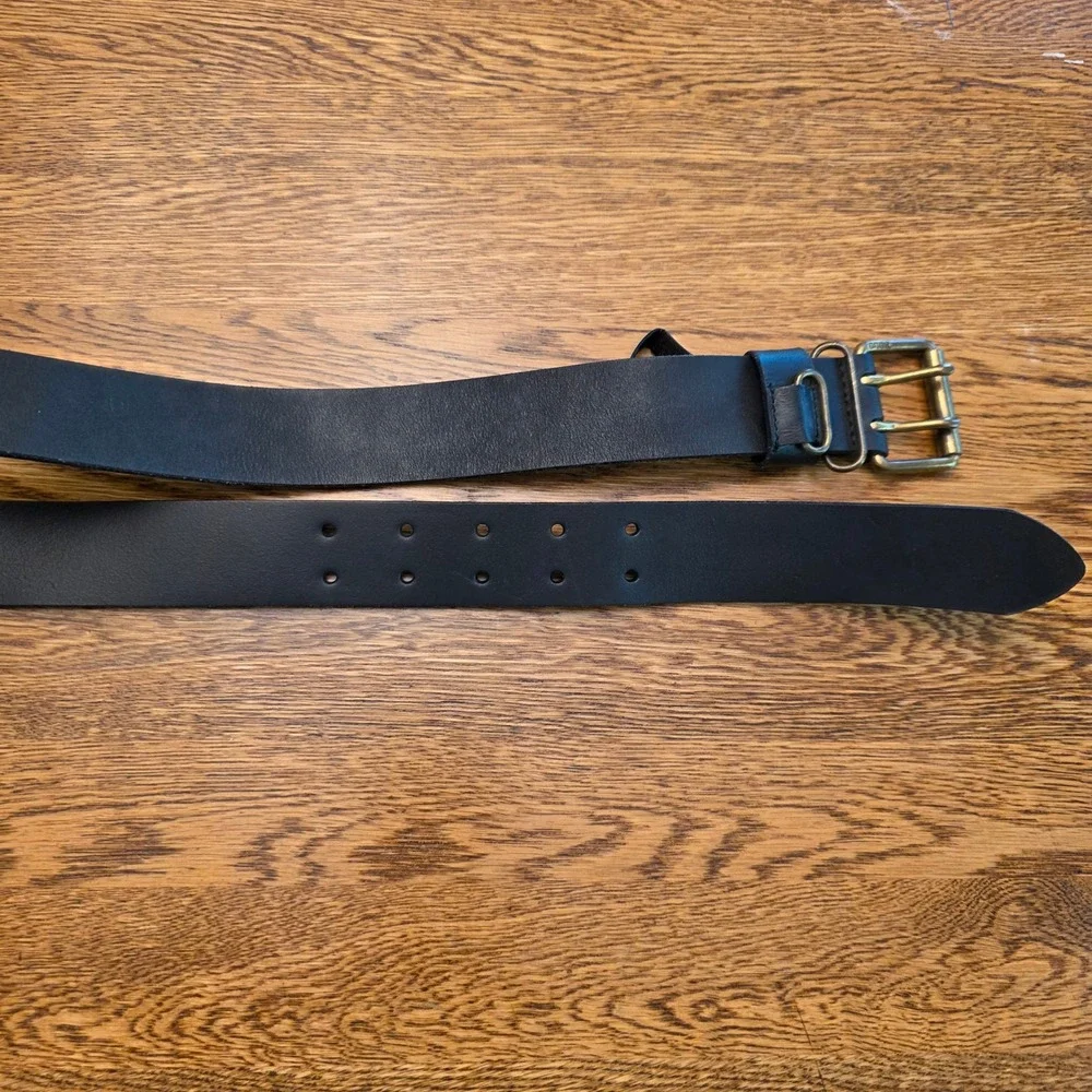 Polo Ralph Lauren Mens Sz 32 Black Leather Double Prong Brass Roller Buckle Belt